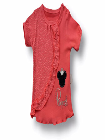 3-6 6-9 9-12 12-18 Ay Princess Taçlı Mickey Nakışlı Şort Tişört 3lü Kız Bebek Takımı Nar Çiçeği