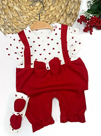 3-6-9-12 Ay Bandanalı Piti Kalp Baskılı Salopet Görünümlü 2li Kız Bebek Takımı