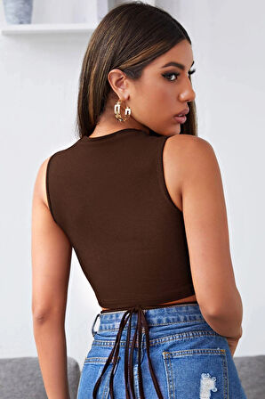 Kadın Kahverengi Çapraz Bağlamalı Crop Top Büstiyer