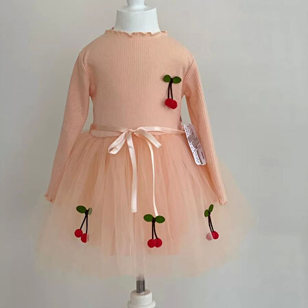 5-6-7 Yaş Kiraz Desenli Kurdela Kuşaklı Astarlı Uzun Kollu Kız Çocuk Tütü Elbise Somon