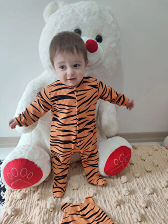 3-6-9-12 Ay Pooh Desenli Zebra Çizgili Şapkalı Sweatli 3lü Kız Erkek Bebek Tulumu(sarı) Sarı