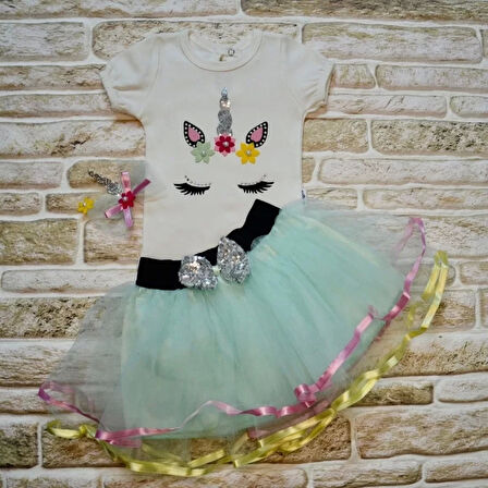 9-12-18 Ay Payetli Pony Nakışlı Tokalı Kısa Kollu Tütü Etek 3lü Kız Bebek Takımı Su Yeşili