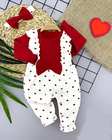 3-6-9-12 Ay Bandanalı Fiyonk Detaylı Salopet Görünümlü Kalp Desenli 2li Kız Bebek Tulumu Kırmızı