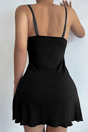 Kadın Siyah Askılı Beli Dantelli Göğsü Fiyonklu Şık Gecelik