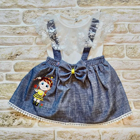 1-2-3 Yaş Kız Çocuk Arı Nakışlı Kot Desenli Etek Pamuklu Kumaş 2li Kız Bebek Salopet Takımı Lacivert