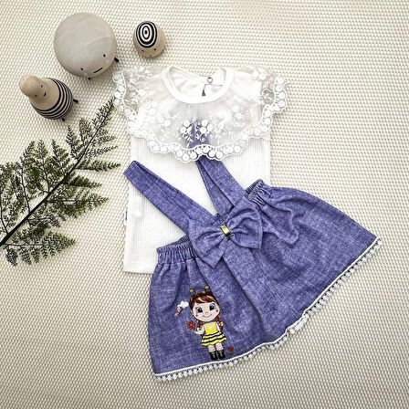 1-2-3 Yaş Kız Çocuk Arı Nakışlı Kot Desenli Etek Pamuklu Kumaş 2li Kız Bebek Salopet Takımı Mavi