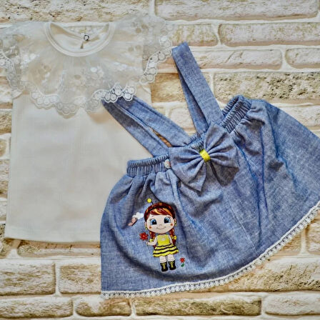 1-2-3 Yaş Kız Çocuk Arı Nakışlı Kot Desenli Etek Pamuklu Kumaş 2li Kız Bebek Salopet Takımı Mavi