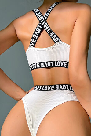 Kadın Beyaz Çapraz Sırt Ve Love Yazı Detaylı Iç Çamaşır Takımı