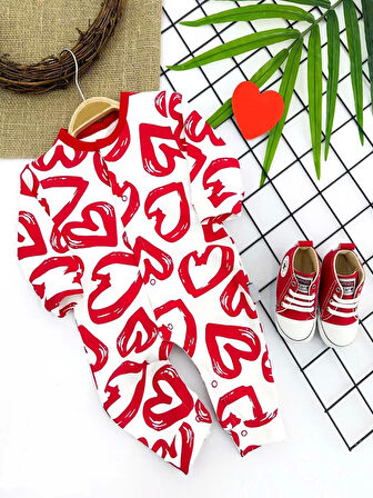 3-6-9-12 Ay Pastal Kalp Baskılı Uzun Kollu Kız Erkek Bebek Tulumu Kırmızı