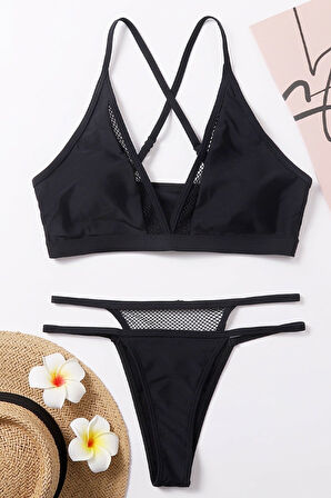 Kadın Siyah File Detaylı Özel Bikini Takımı