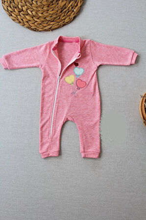 3-6 18-24 24-36 Ay Uçan Balonlar Nakışlı Ef Boy Fermuarlı Kız Bebek Tulumu Pembe