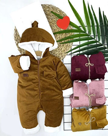 3-6-9-12 Ay Fermuar Kapamalı Kadife Kumaş İçi Tüylü Kız Erkek Bebek Tulumu Bej