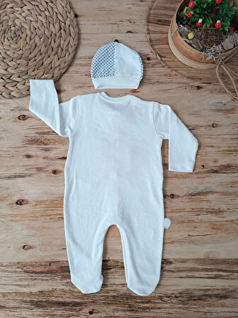 0-3 3-6 6-9 Ay Şapkalı Yelek Detaylı Boydan Çıtçıt Erkek Bebek Tulumu Ekru