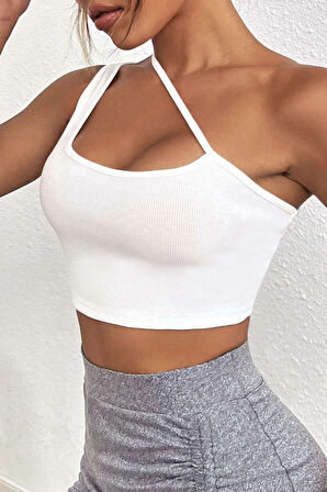 Kadın Beyaz Tek Omuzlu Çapraz Askılı Crop Top Büstiyer