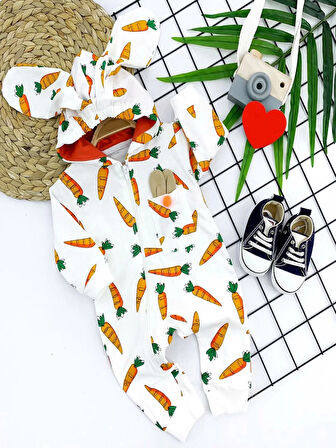 3-6-9-12 Ay Kulaklı Kapşonlu Havuç Baskılı Uzun Kollu Kız Erkek Bebek Tulumu Ekru