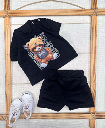 9-12-18-24 Ay Dansçı Ayıcık Baskılı Şortlu Kısa Kollu Tişört 2li Erkek Bebek Takımı