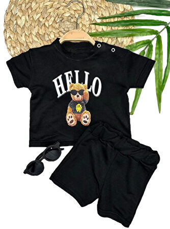 9-12-18-24 Ay Hello Gözlüklü Ayıcık Baskılı Şortlu Kısa Kollu Tişört 2li Erkek Bebek Takımı