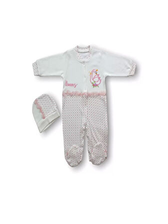 0-3 3-6 6-9 Ay Kraliçe Kuğu Nakışlı Şapkalı Kız Bebek Tulumu Ekru