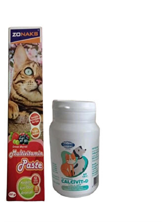 Kediler İçin Multivitamin(Kediler İçin Özel Aromalı) İçerikli Pasta 100 Gr Ve Calcivit-D 60 Tablet