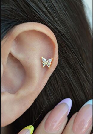 Zirkon Gold Kelebek Helix Piercing Kıkırdak Lob