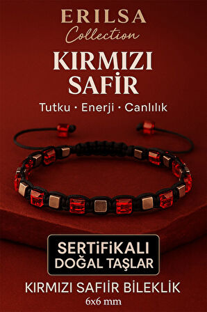 Sertifikalı Doğal Terahertz - Kırmızı Safir Taşı Bileklik 6x6 mm - Tutku ve Güç Taşı