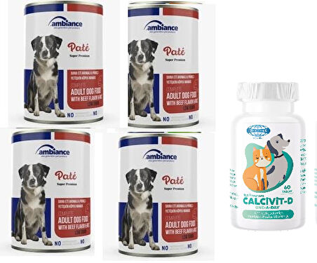 Köpek Kuzu Etli Konserve Yaş Mama 415 GR X 4 Adet + Köpekleriniz için Kalcivit D Vitamini 60 Tablet