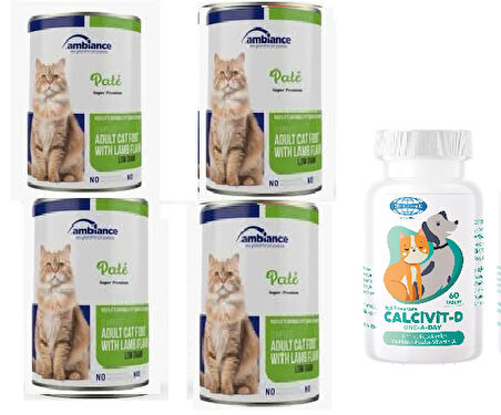 Kedi Kuzu Etli Konserve Yaş Mama 415 GR X 4 Adet + Kedileriniz için Kalcivit D Vitamini 60 Tablet