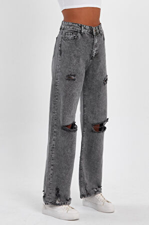 ALEXANDERGARDİ ÖZEL KOLEKSİYON YIRTIK DETAYLI GENİŞ PAÇA DENİM PANTOLON (AG-1058G)