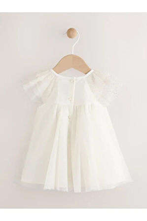Beyaz File Simli Fırfırlı Omuz Bebek Elbisesi