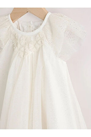 Beyaz File Simli Fırfırlı Omuz Bebek Elbisesi