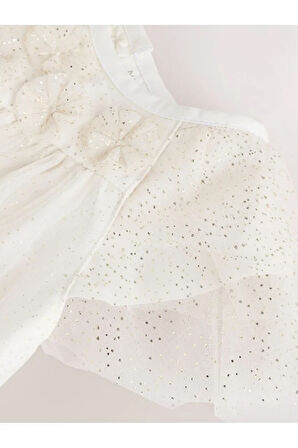 Beyaz File Simli Fırfırlı Omuz Bebek Elbisesi