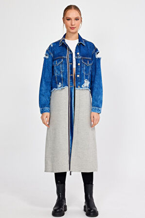 ÖZEL KOLEKSİYON, YIRTIK DETAYLI UZUN DENİM CEKET (3024)