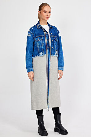 ÖZEL KOLEKSİYON, YIRTIK DETAYLI UZUN DENİM CEKET (3024)