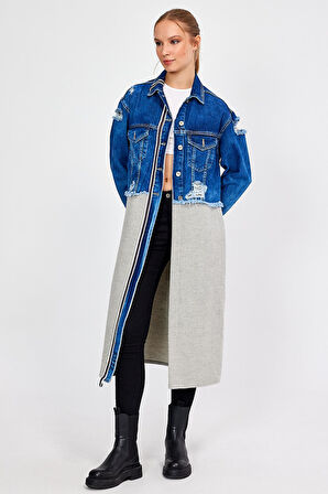 ÖZEL KOLEKSİYON, YIRTIK DETAYLI UZUN DENİM CEKET (3024)