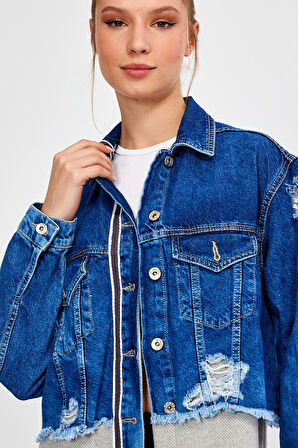 ÖZEL KOLEKSİYON, YIRTIK DETAYLI UZUN DENİM CEKET (3024)