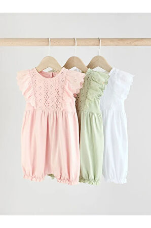%100 Pamuklu Sage Green Dantel Detaylı 3'lü Romper Set