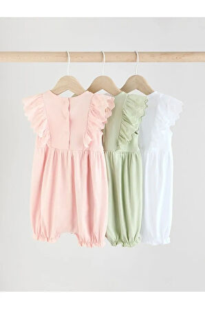 %100 Pamuklu Sage Green Dantel Detaylı 3'lü Romper Set