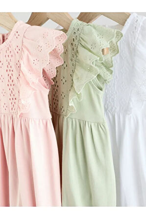 %100 Pamuklu Sage Green Dantel Detaylı 3'lü Romper Set