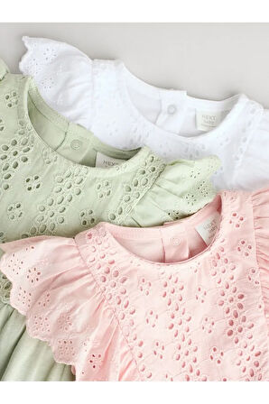 %100 Pamuklu Sage Green Dantel Detaylı 3'lü Romper Set