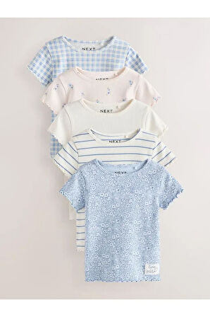 Pamuklu Mavi Çiçek Desenli Kısa Kollu Ribanalı 5'li Alt Üst Takım