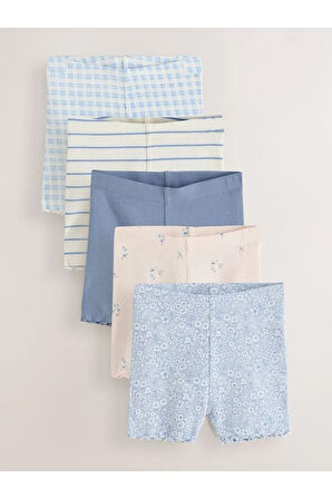 Pamuklu Mavi Çiçek Desenli Kısa Kollu Ribanalı 5'li Alt Üst Takım