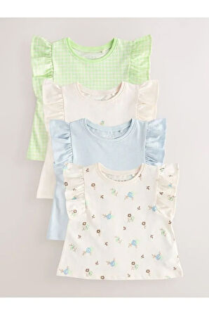 Pamuklu Beyaz Çiçek Desenli Fırfır Kısa Kollu Şortlu 4'lü Alt Üst Takım