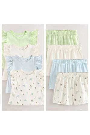 Pamuklu Beyaz Çiçek Desenli Fırfır Kısa Kollu Şortlu 4'lü Alt Üst Takım