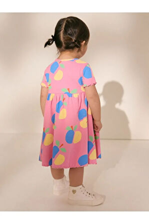 % 100 Pamuklu Pembe Meyve Desenli Kısa Kollu Elbise