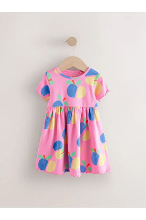 % 100 Pamuklu Pembe Meyve Desenli Kısa Kollu Elbise