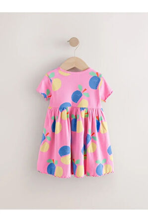 % 100 Pamuklu Pembe Meyve Desenli Kısa Kollu Elbise