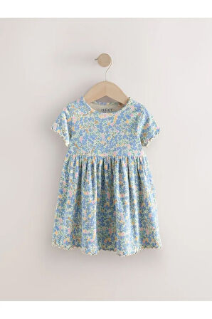 % 100 Pamuklu Mavi Kısa Kollu Çiçek Desenli Kısa Kollu Elbise