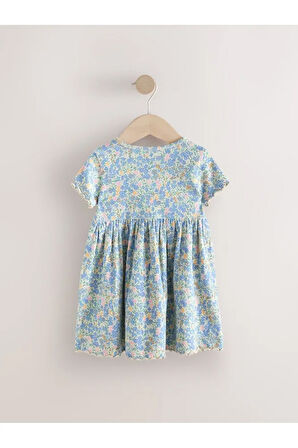 % 100 Pamuklu Mavi Kısa Kollu Çiçek Desenli Kısa Kollu Elbise