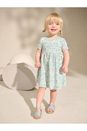 % 100 Pamuklu Mavi Kısa Kollu Çiçek Desenli Kısa Kollu Elbise