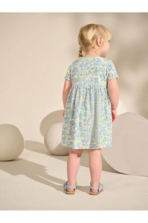 % 100 Pamuklu Mavi Kısa Kollu Çiçek Desenli Kısa Kollu Elbise